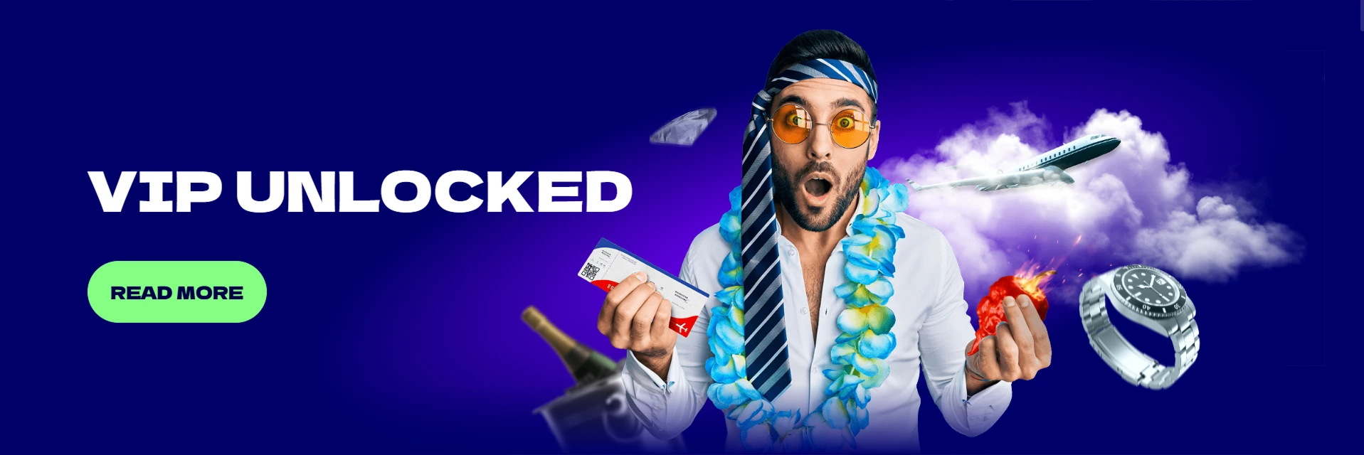 Excited man with ticket, champagne, watch, plane and diamond showing VIP unlocked rewards