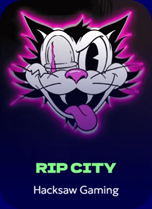 Cartoon black and white cat with neon glow in RIP City slot
