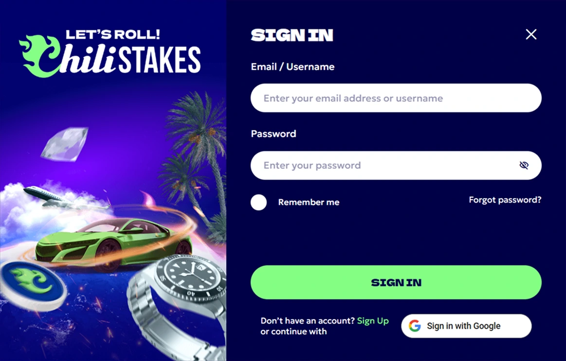 Sign in screen with car, watch, fireworks and login fields