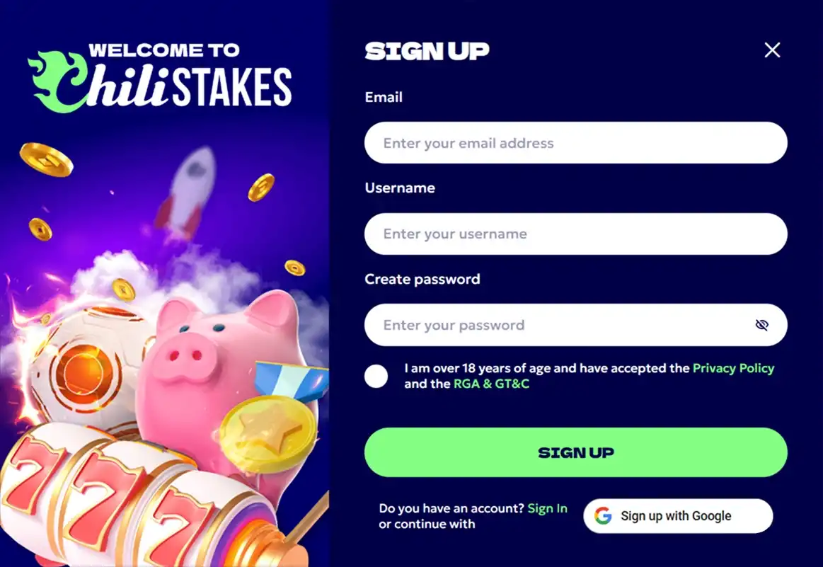 Signup form with piggy bank, slot machine and coins from Chilistakes