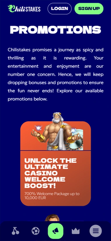 Chilistakes promo screen featuring Zeus bonus offer